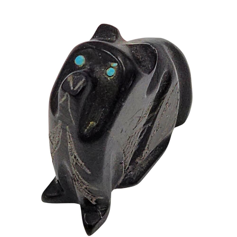 Native American Zuni Black Marble Bear Fetish Carved Stone Signed Turquoise - Picture 3 of 16